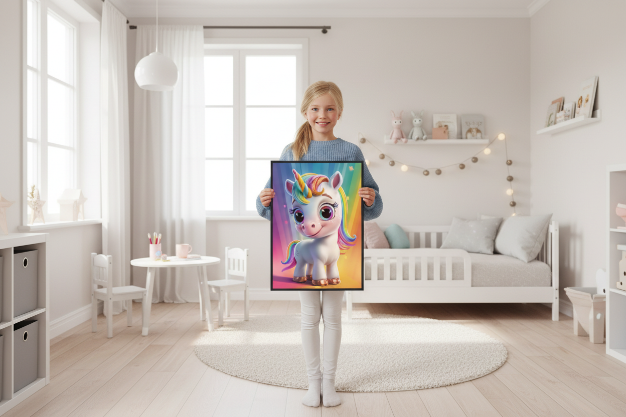 Pige holder enhjørning plakat