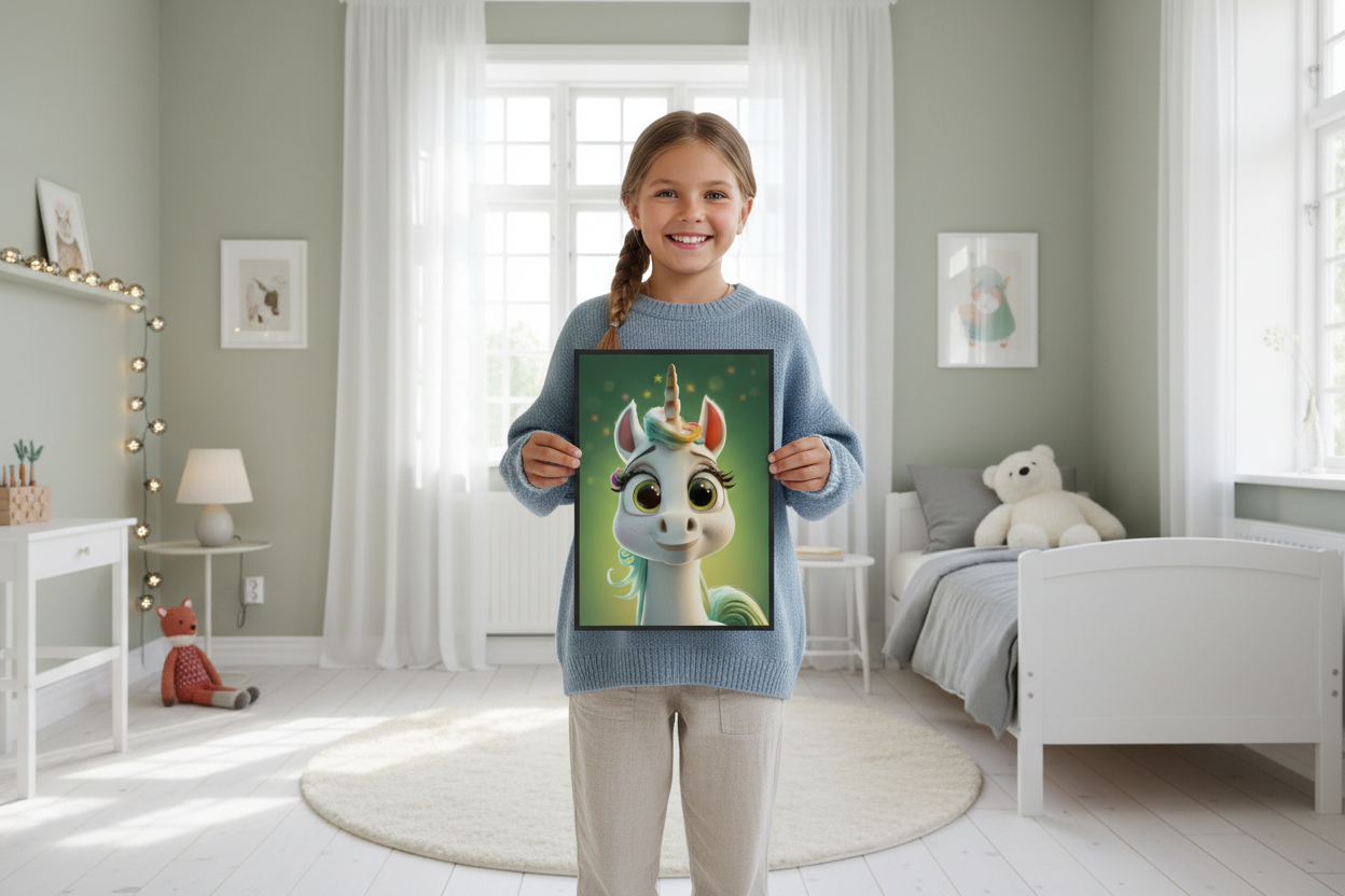 Pige holder enhjørning plakat