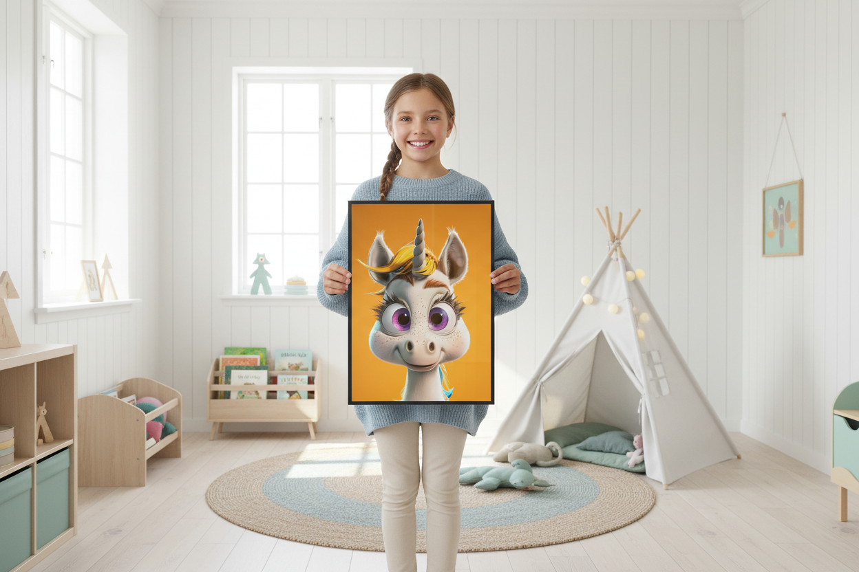 Pige holder enhjørning plakat