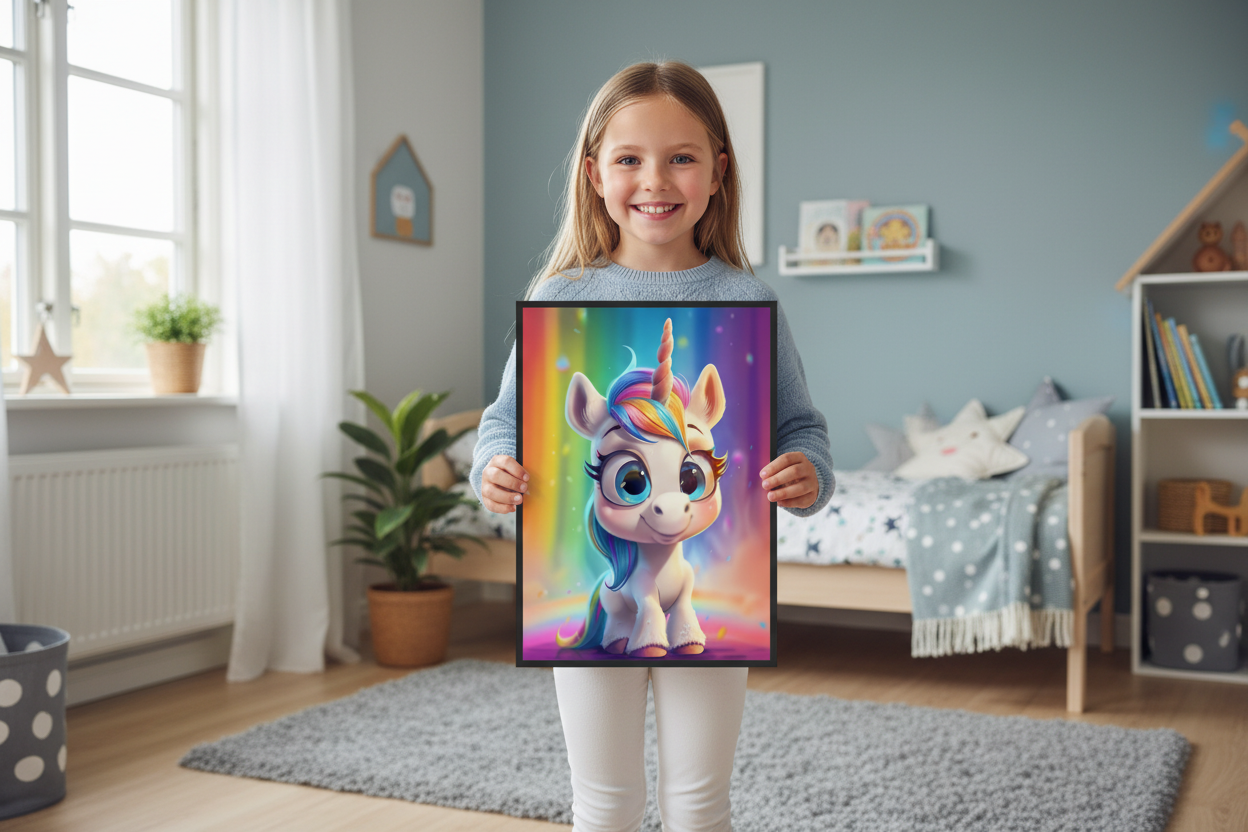 Pige holder enhjørning plakat