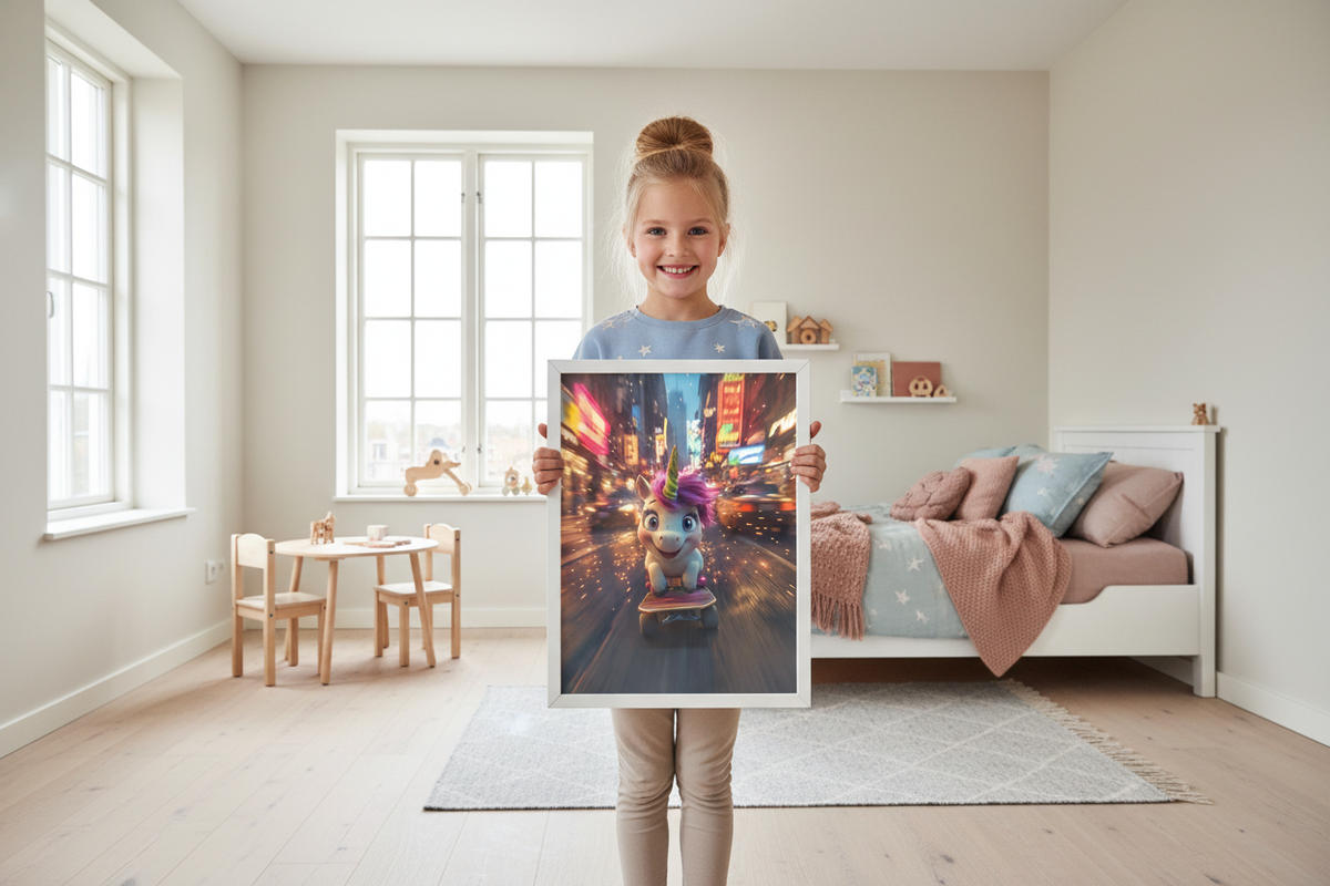 Pige holder enhjørning plakat