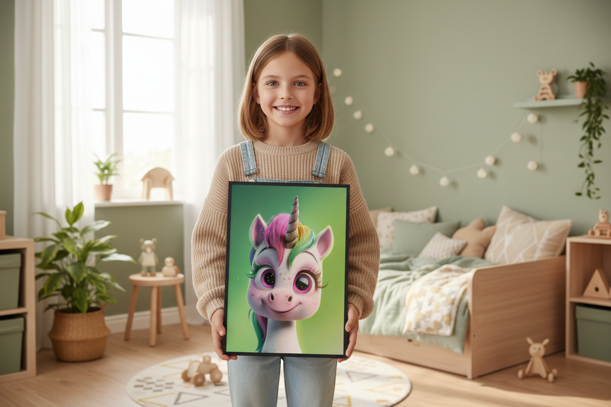 Pige holder enhjørning plakat