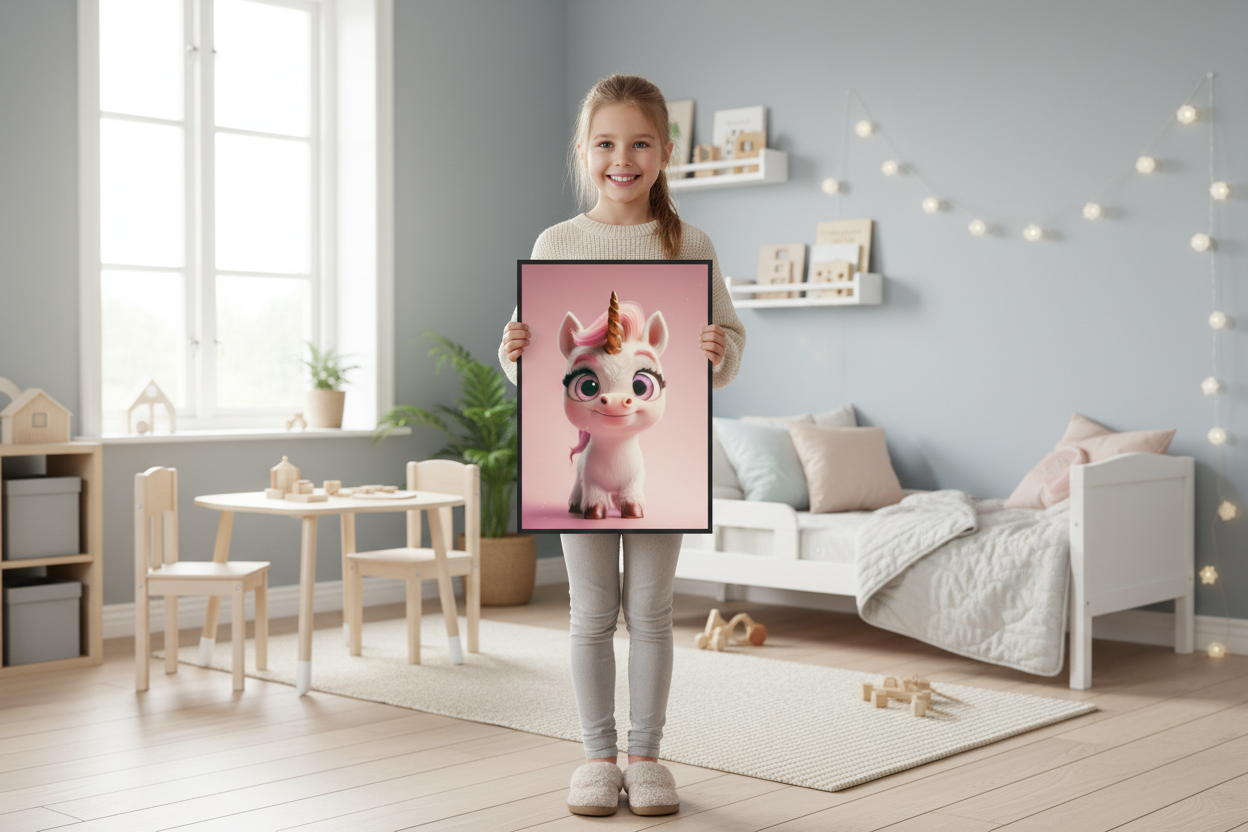 Pige holder enhjørning plakat