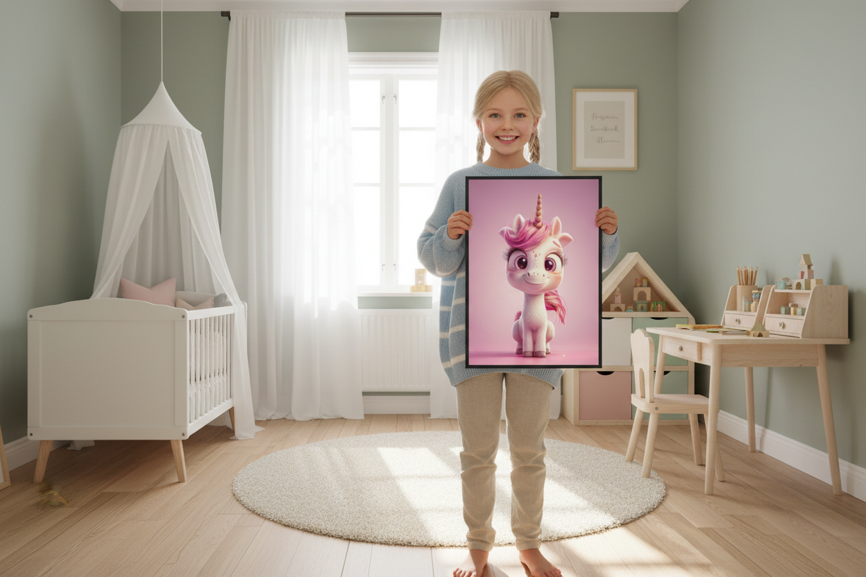 Pige holder enhjørning plakat