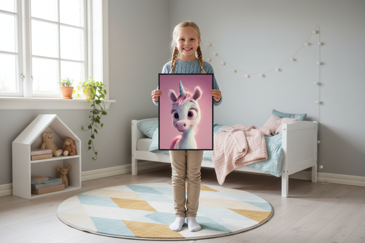 Pige holder enhjørning plakat