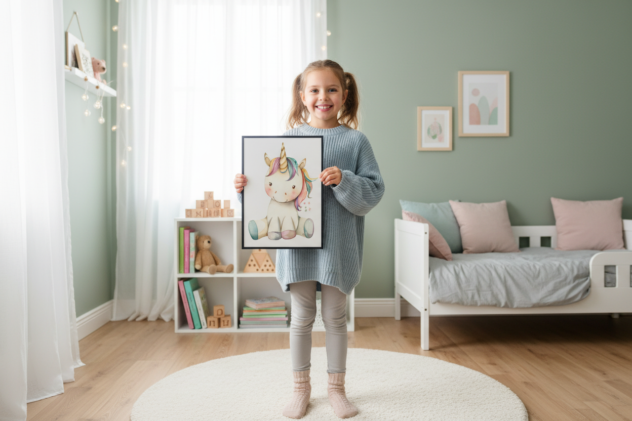Pige holder enhjørning plakat