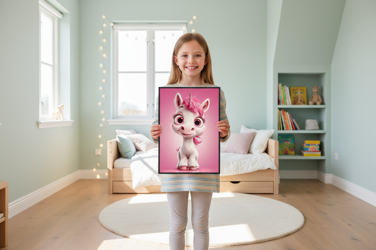 Pige holder enhjørning plakat