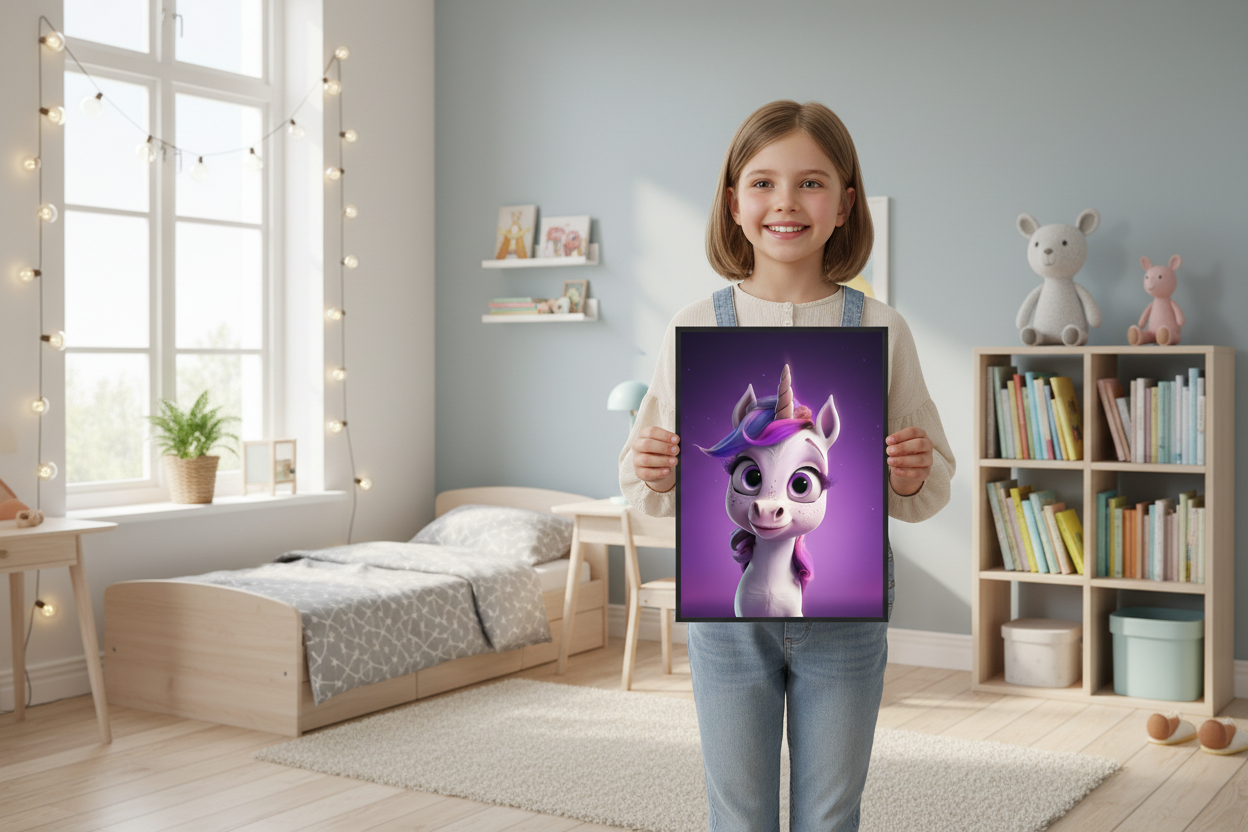 Pige holder enhjørning plakat