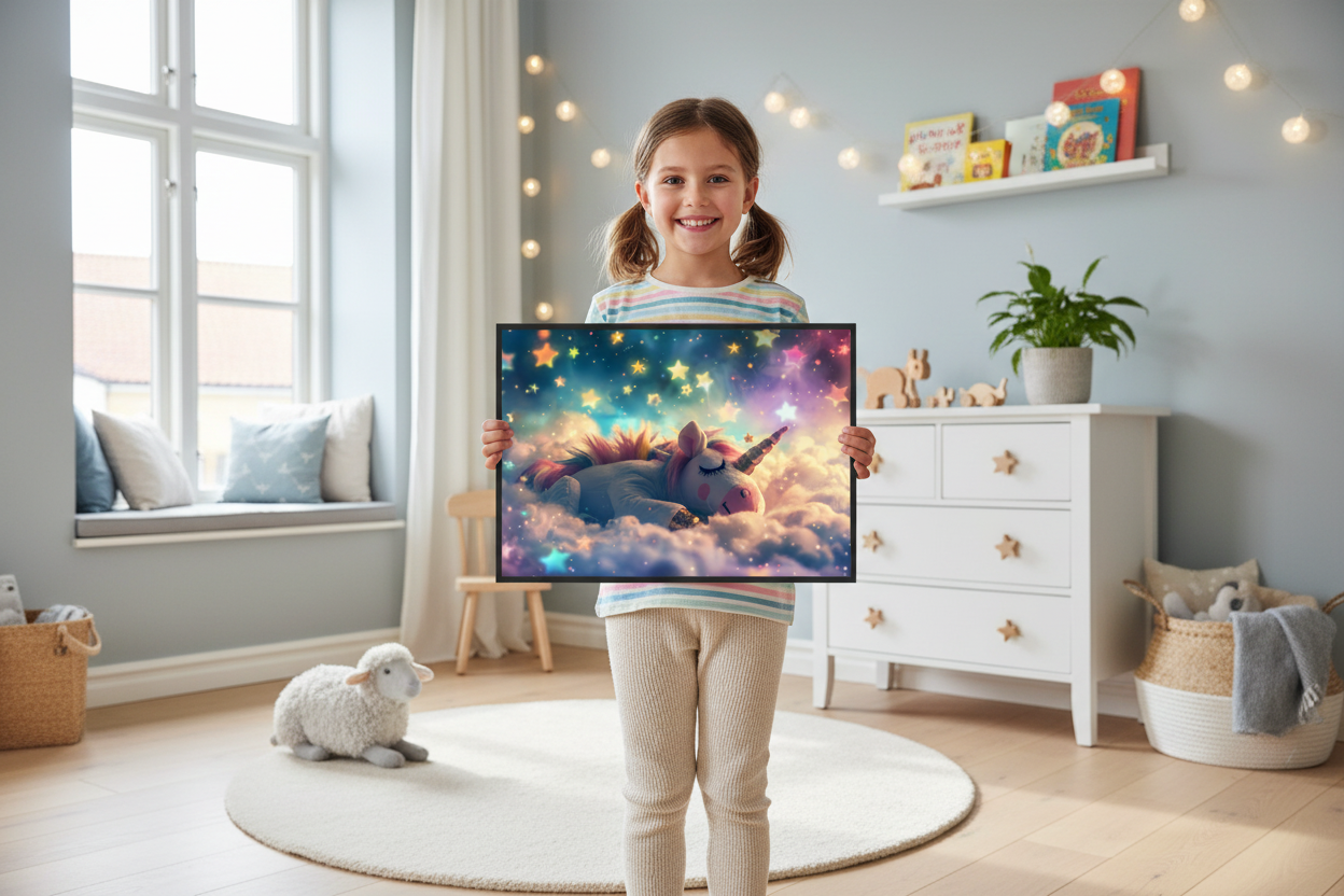 Pige holder enhjørning plakat