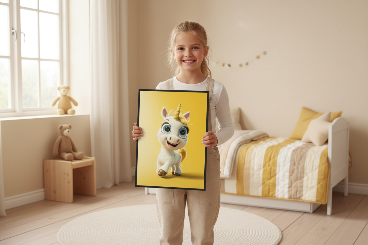 Pige holder enhjørning plakat