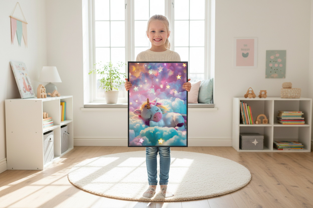 Pige holder enhjørning plakat