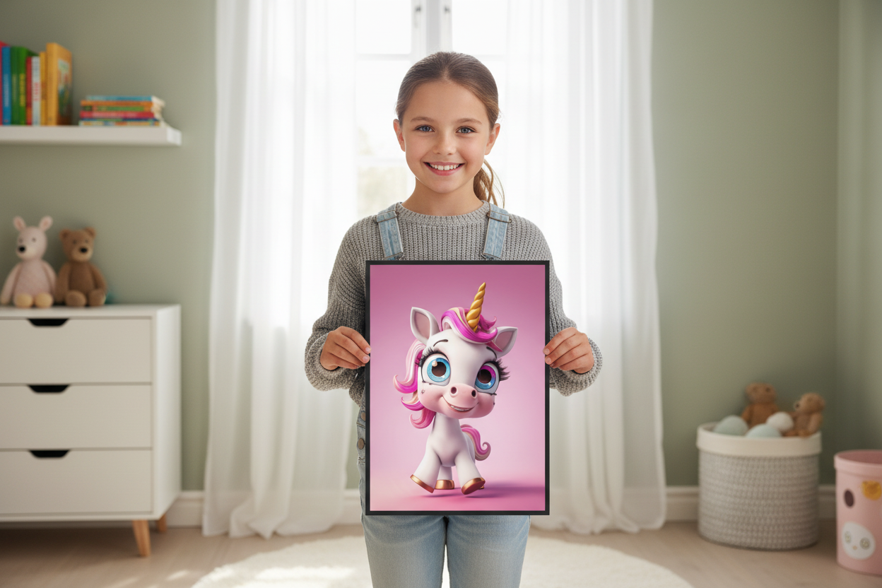 Pige holder enhjørning plakat