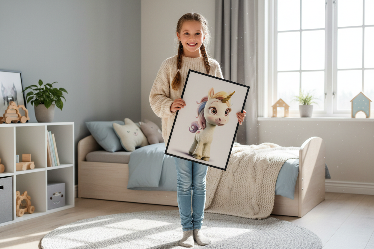 Pige holder enhjørning plakat