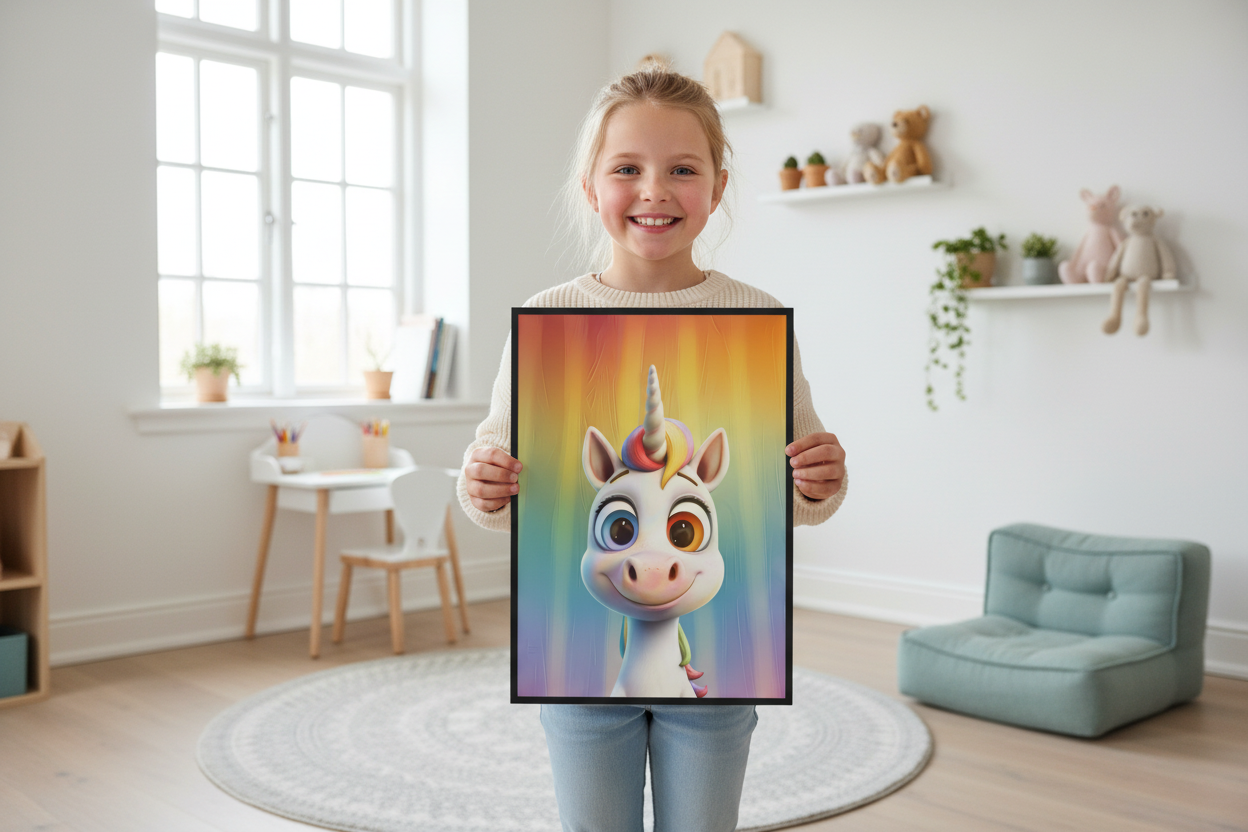 Pige holder enhjørning plakat