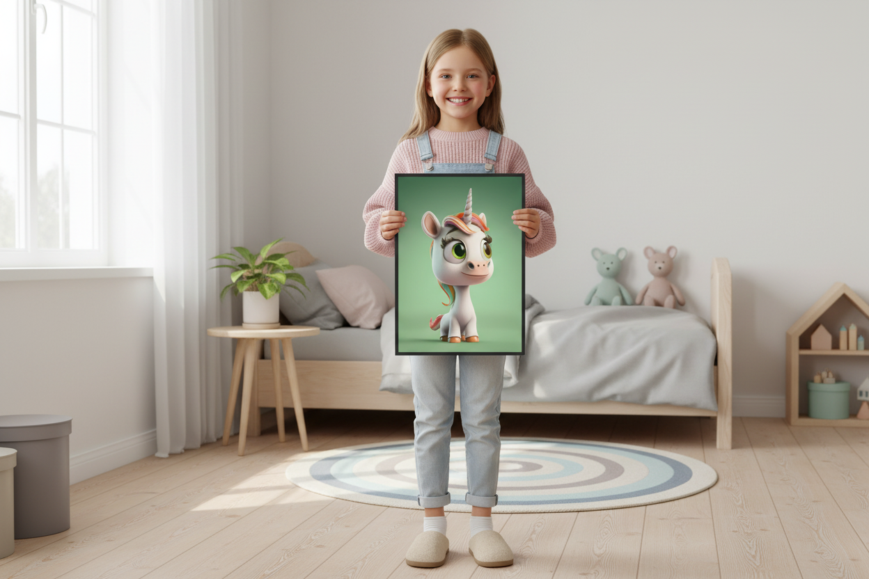Pige holder enhjørning plakat