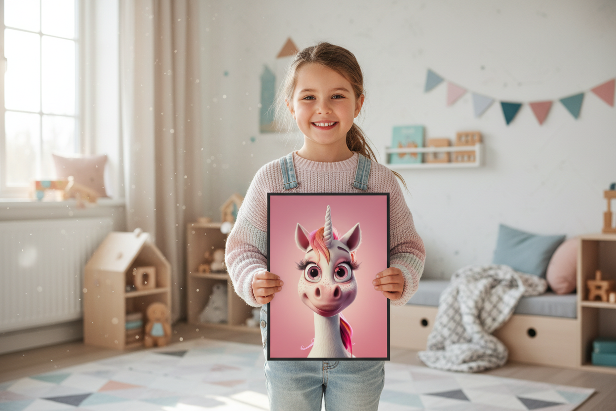 Pige holder enhjørning plakat