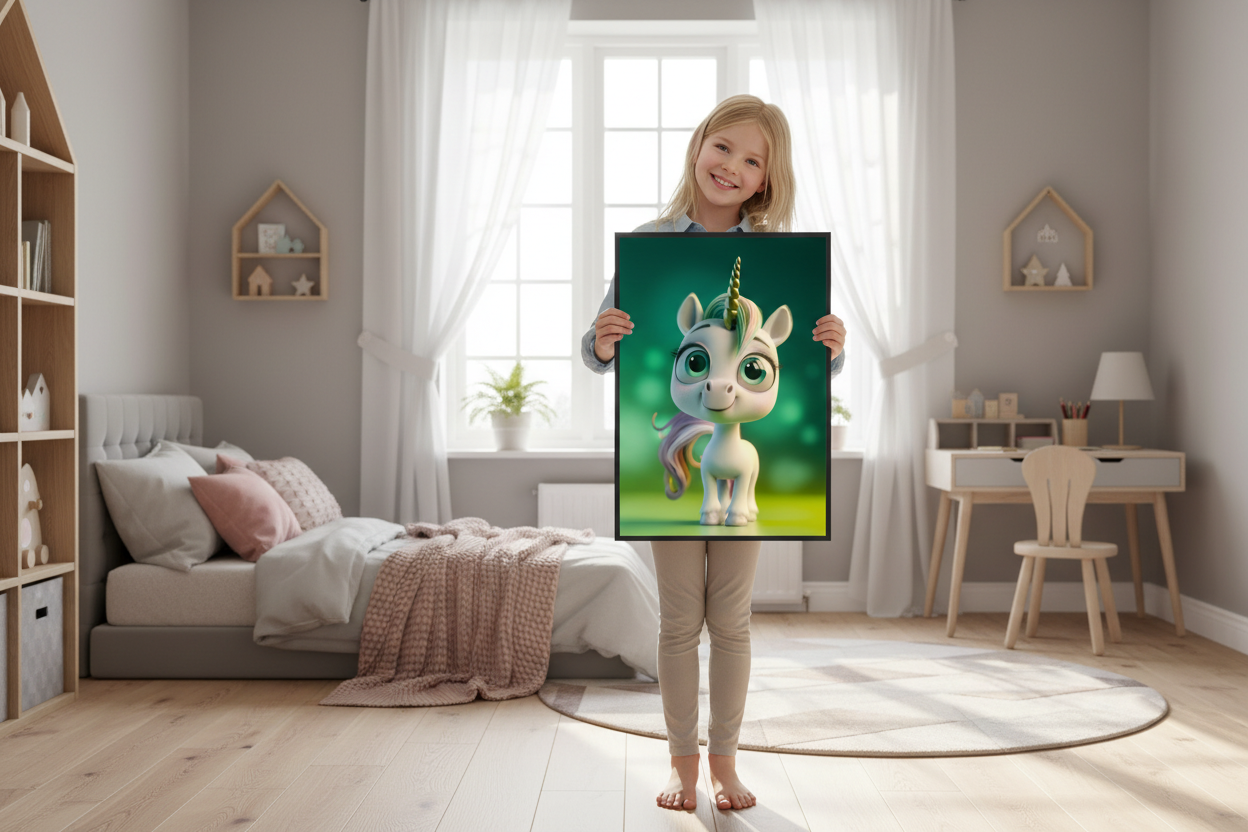 Pige holder enhjørning plakat
