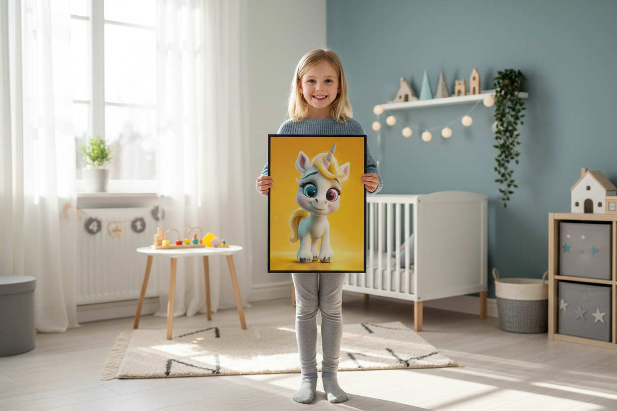 Pige holder enhjørning plakat