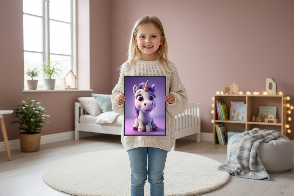 Pige holder enhjørning plakat