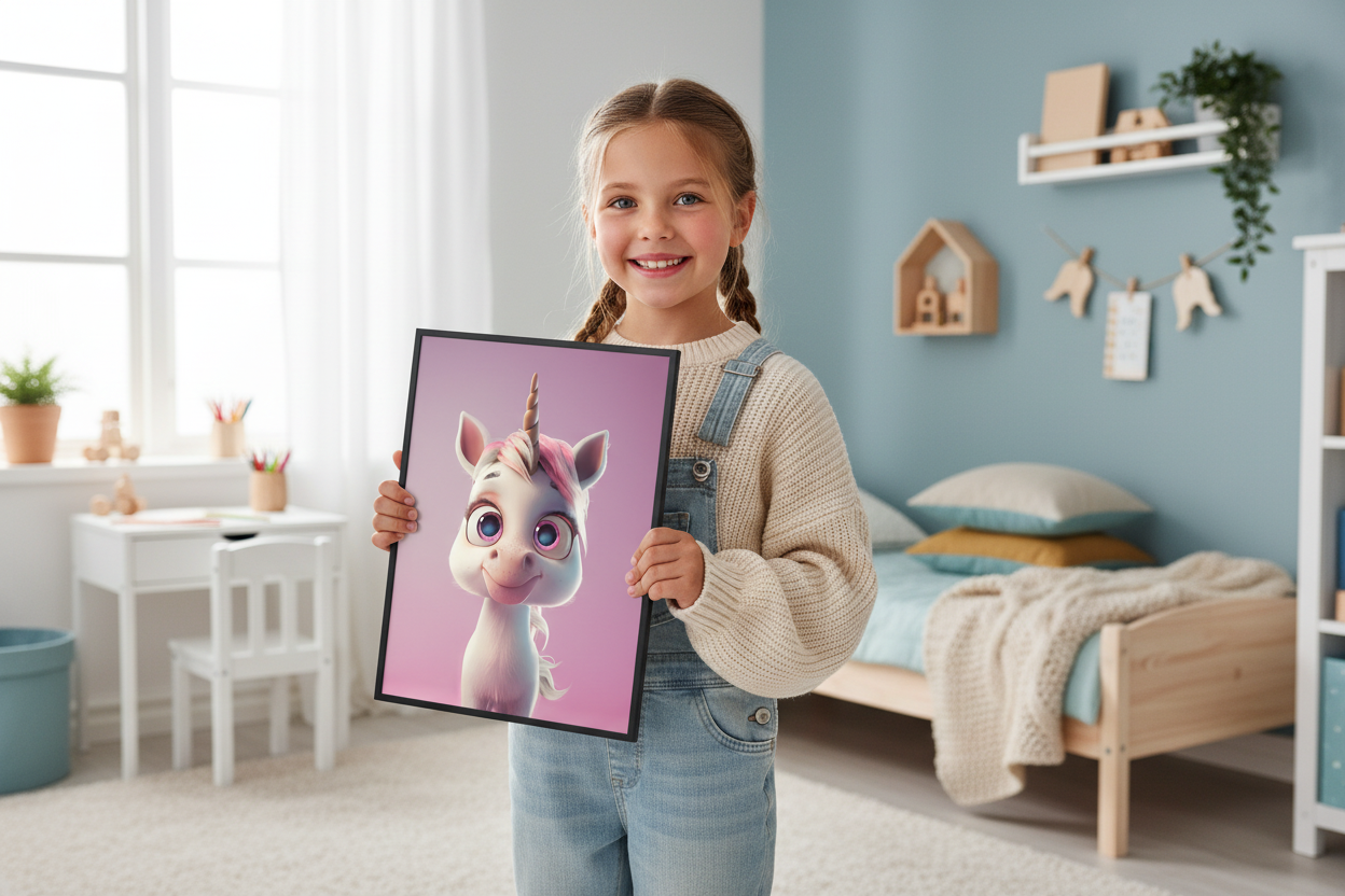 Pige holder enhjørning plakat