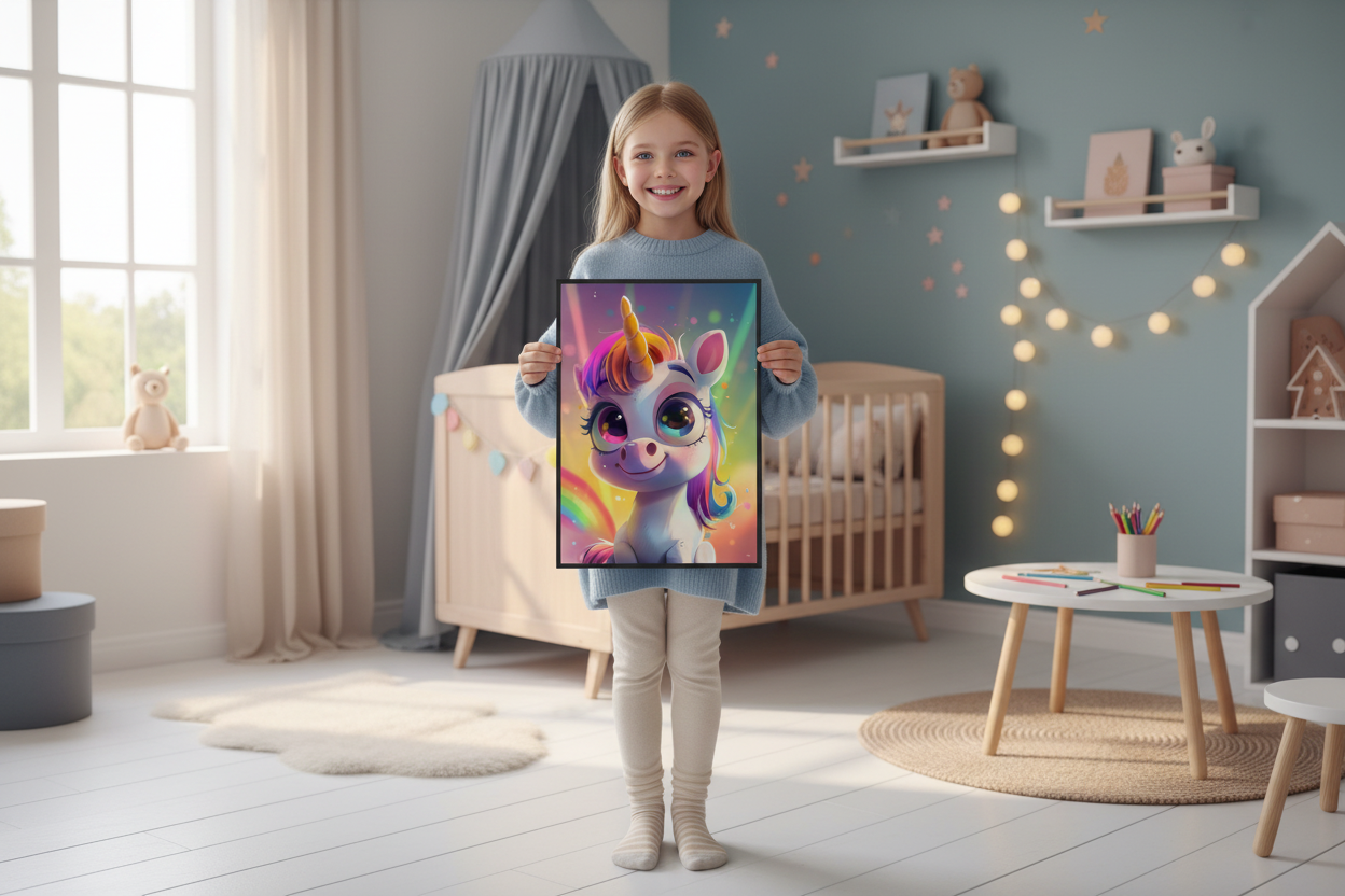 Pige holder enhjørning plakat