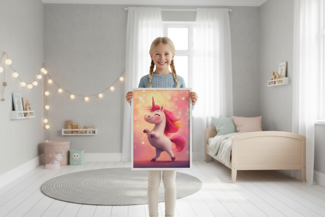 Pige holder enhjørning plakat