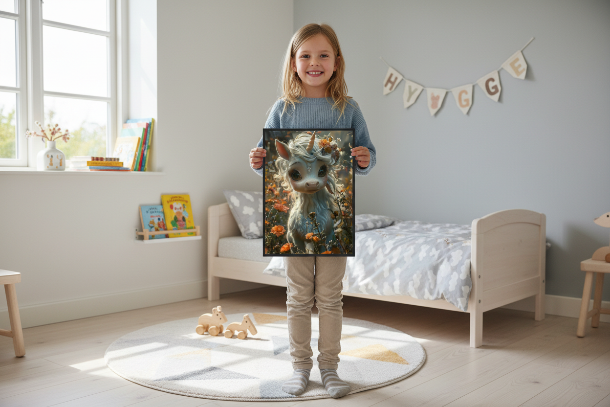 Pige holder enhjørning plakat