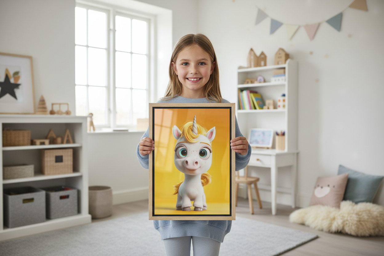 Pige holder enhjørning plakat
