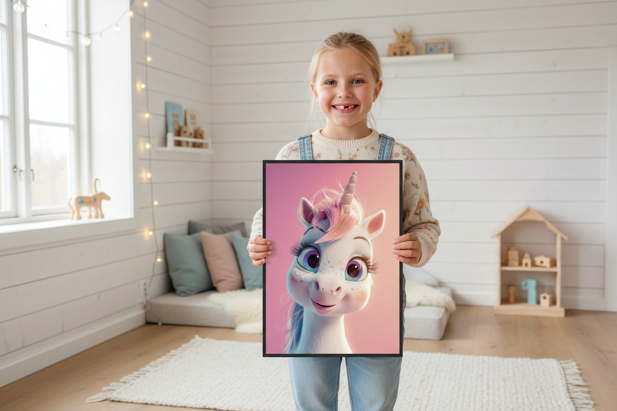 Pige holder enhjørning plakat