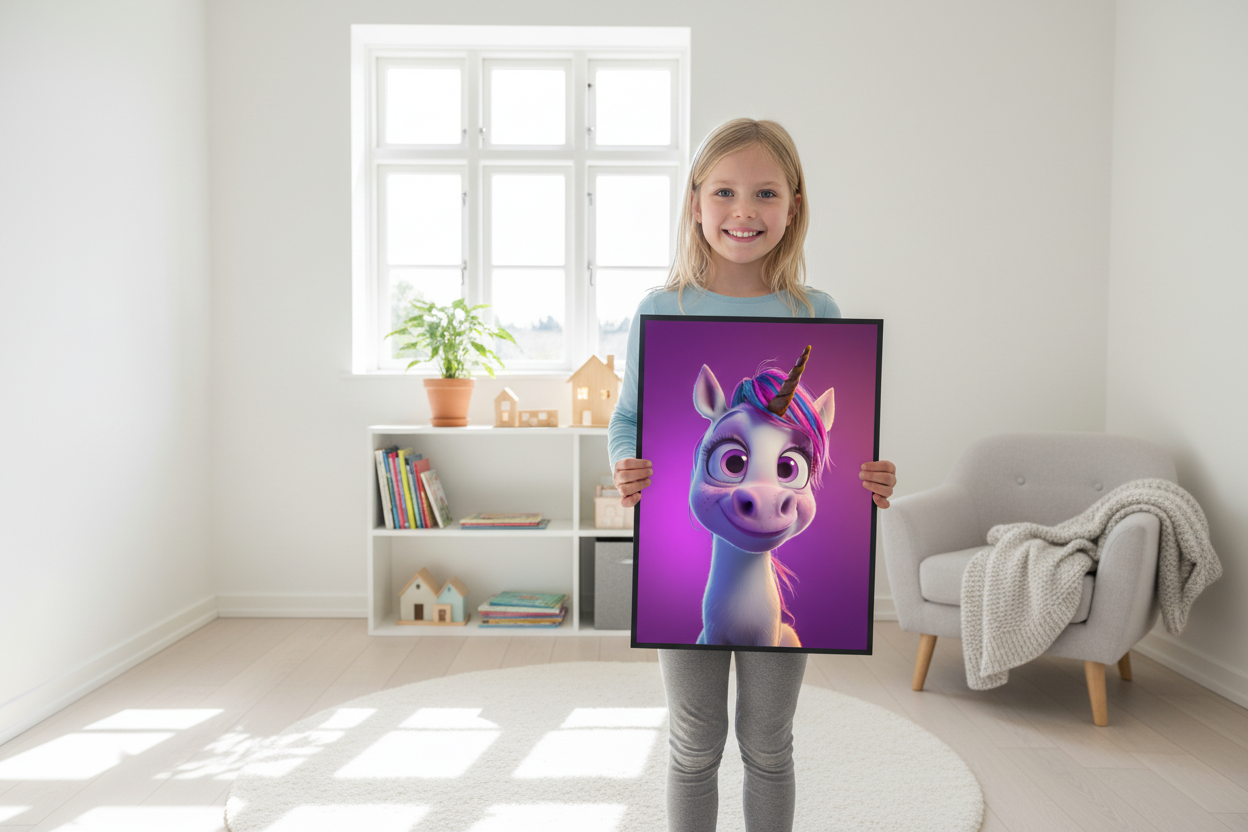 Pige holder enhjørning plakat