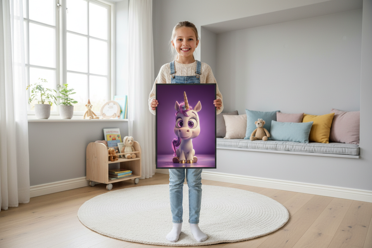 Pige holder enhjørning plakat