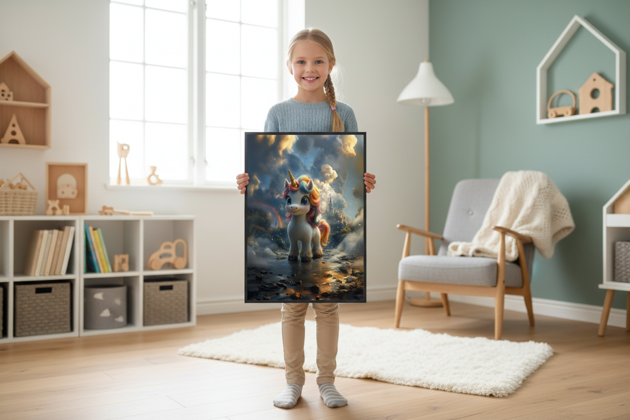 Pige holder enhjørning plakat