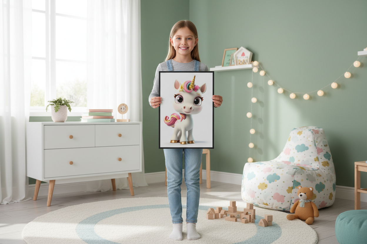 Pige holder enhjørning plakat