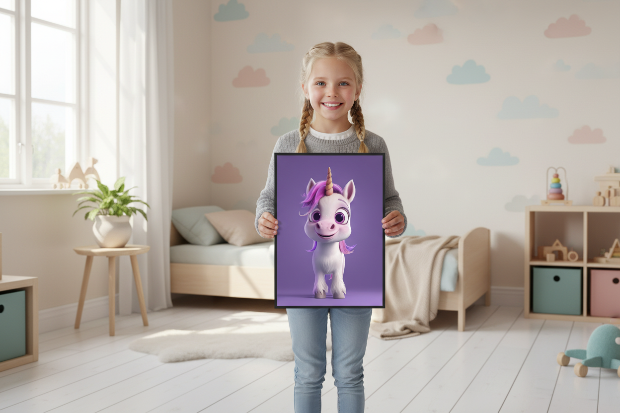 Pige holder enhjørning plakat