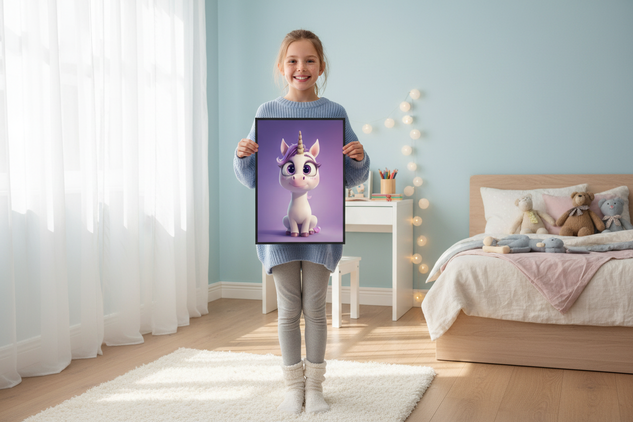Pige holder enhjørning plakat