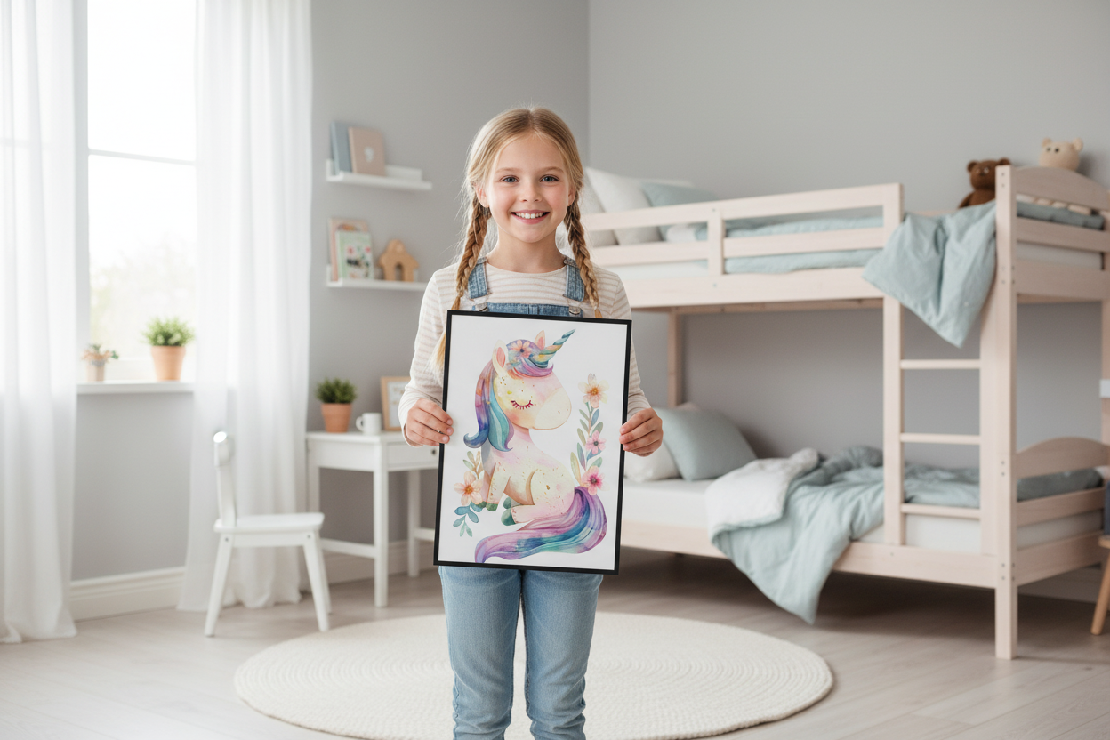 Pige holder enhjørning plakat