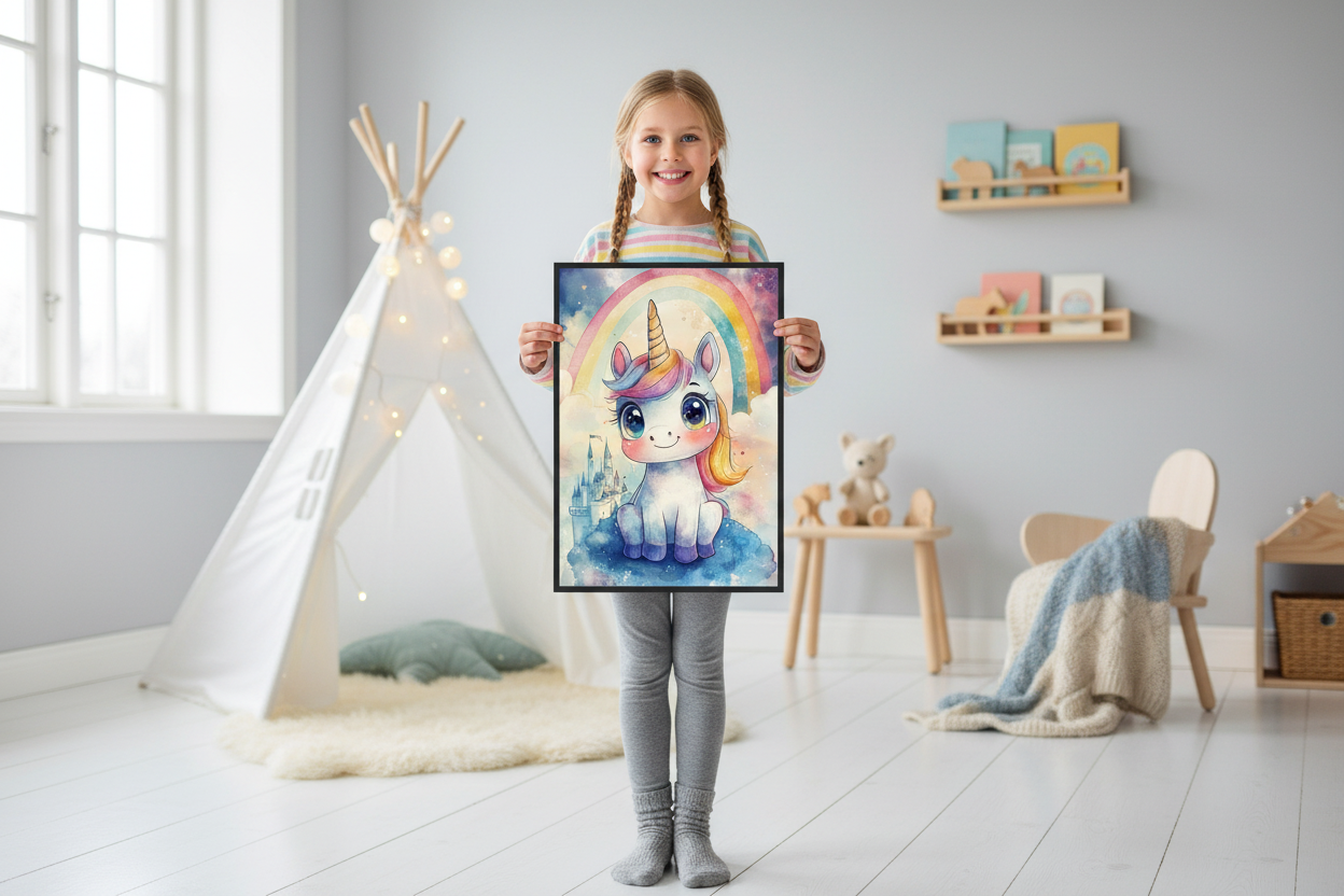 Pige holder enhjørning plakat