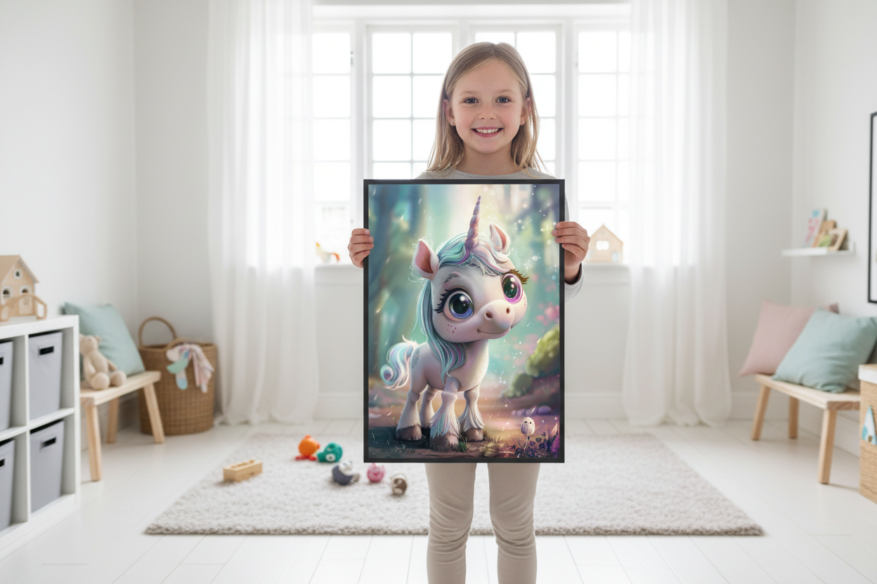 Pige holder enhjørning plakat