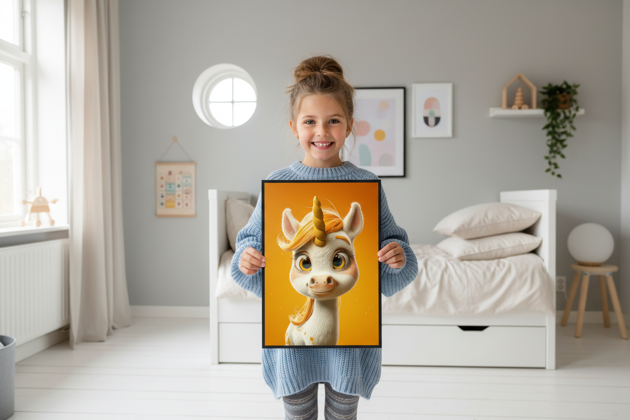 Pige holder enhjørning plakat