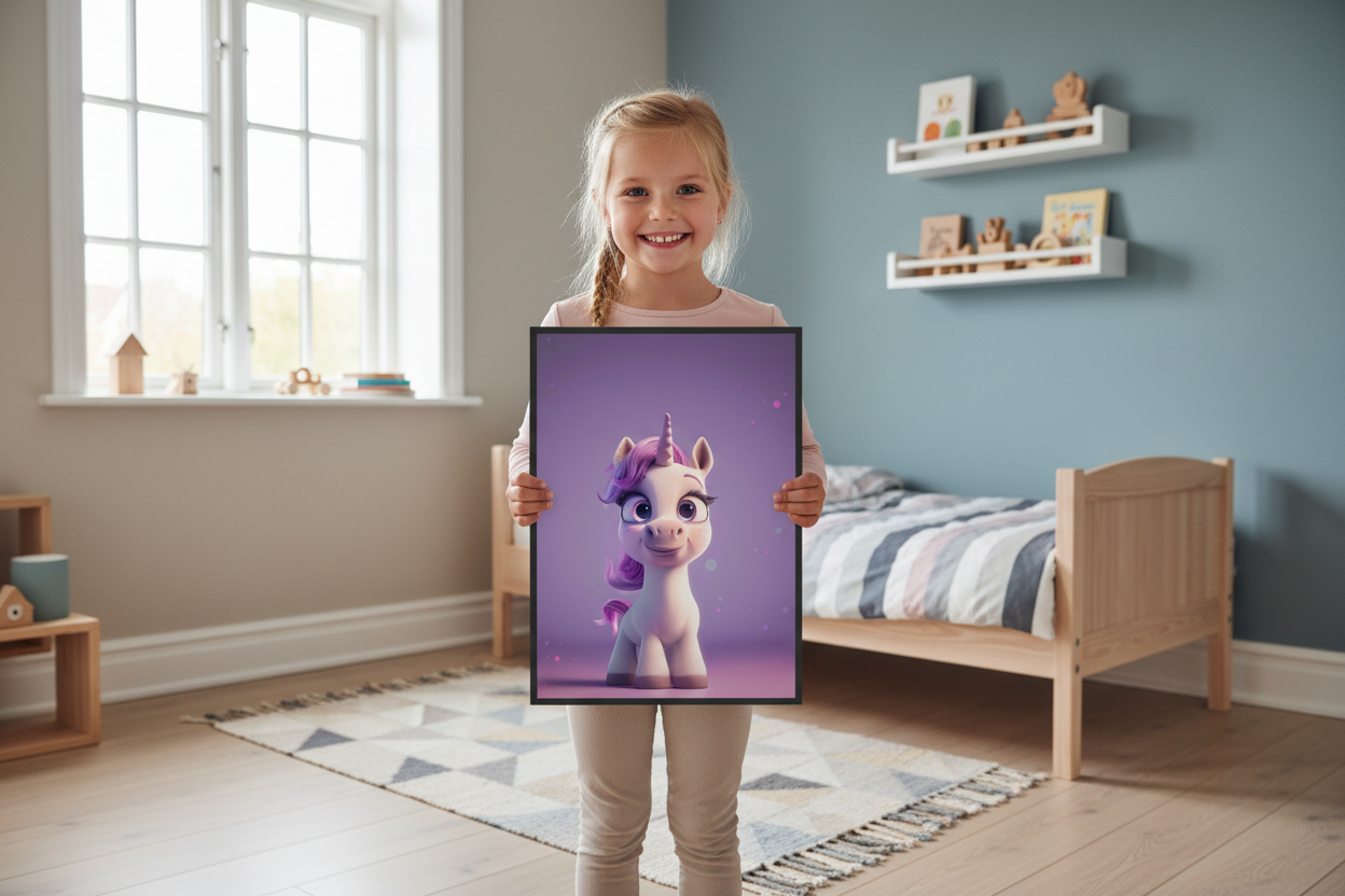 Pige holder enhjørning plakat