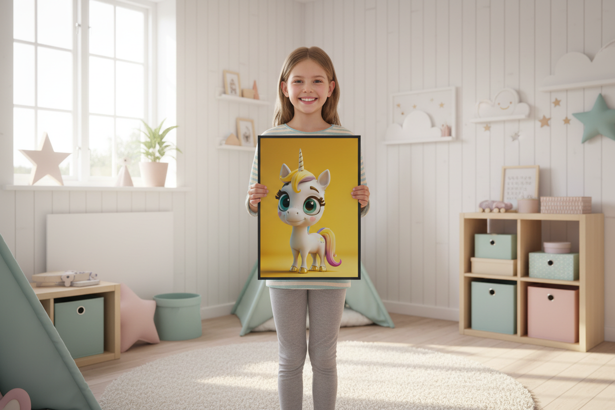 Pige holder enhjørning plakat