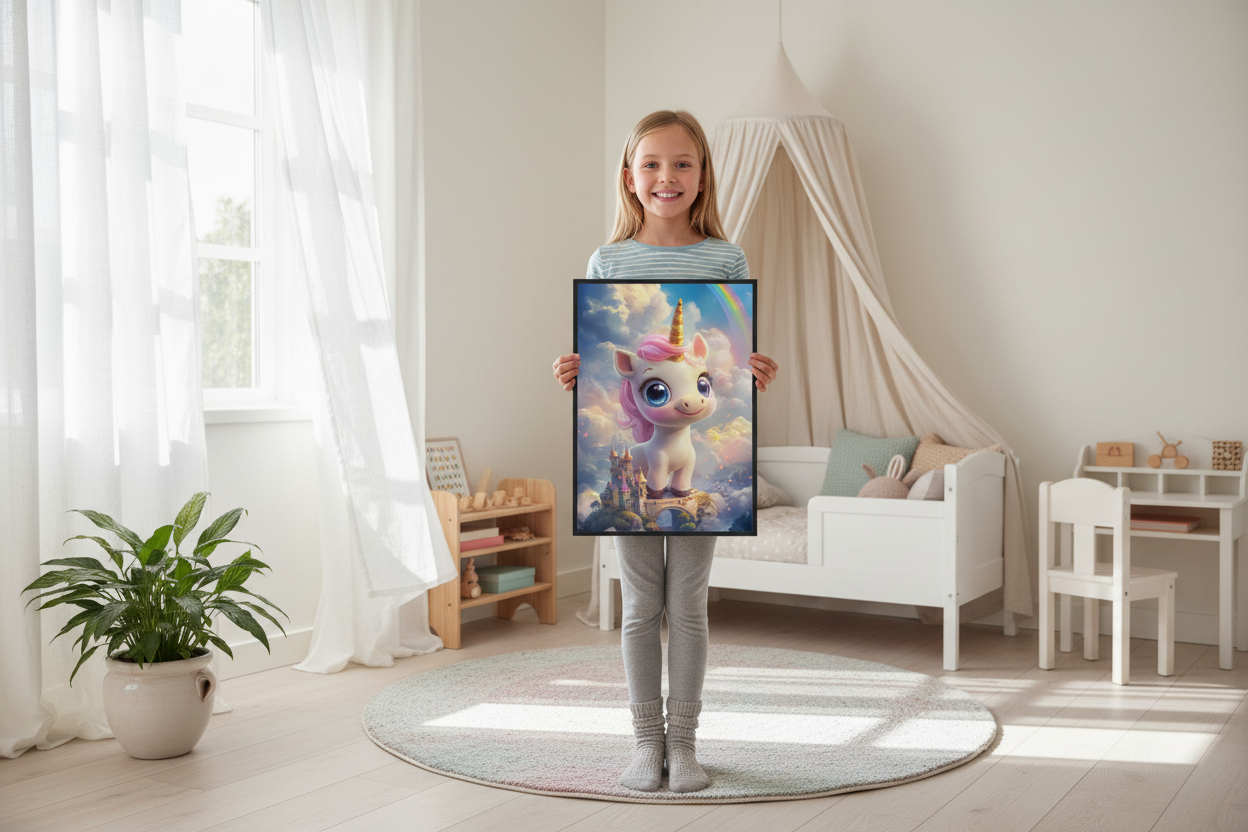 Pige holder enhjørning plakat