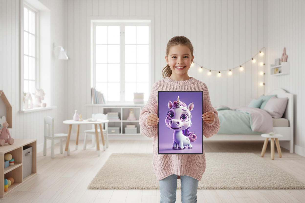 Pige holder enhjørning plakat