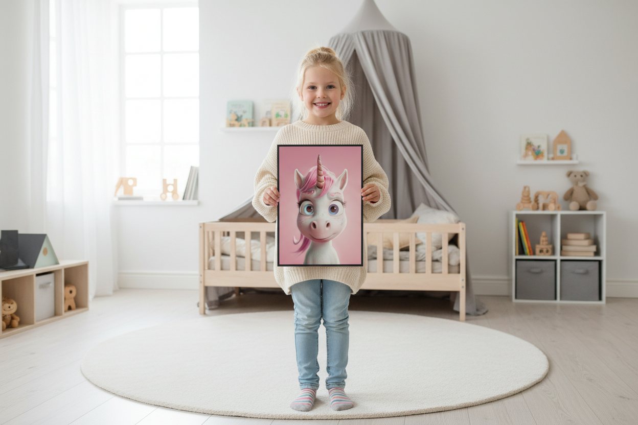Pige holder enhjørning plakat