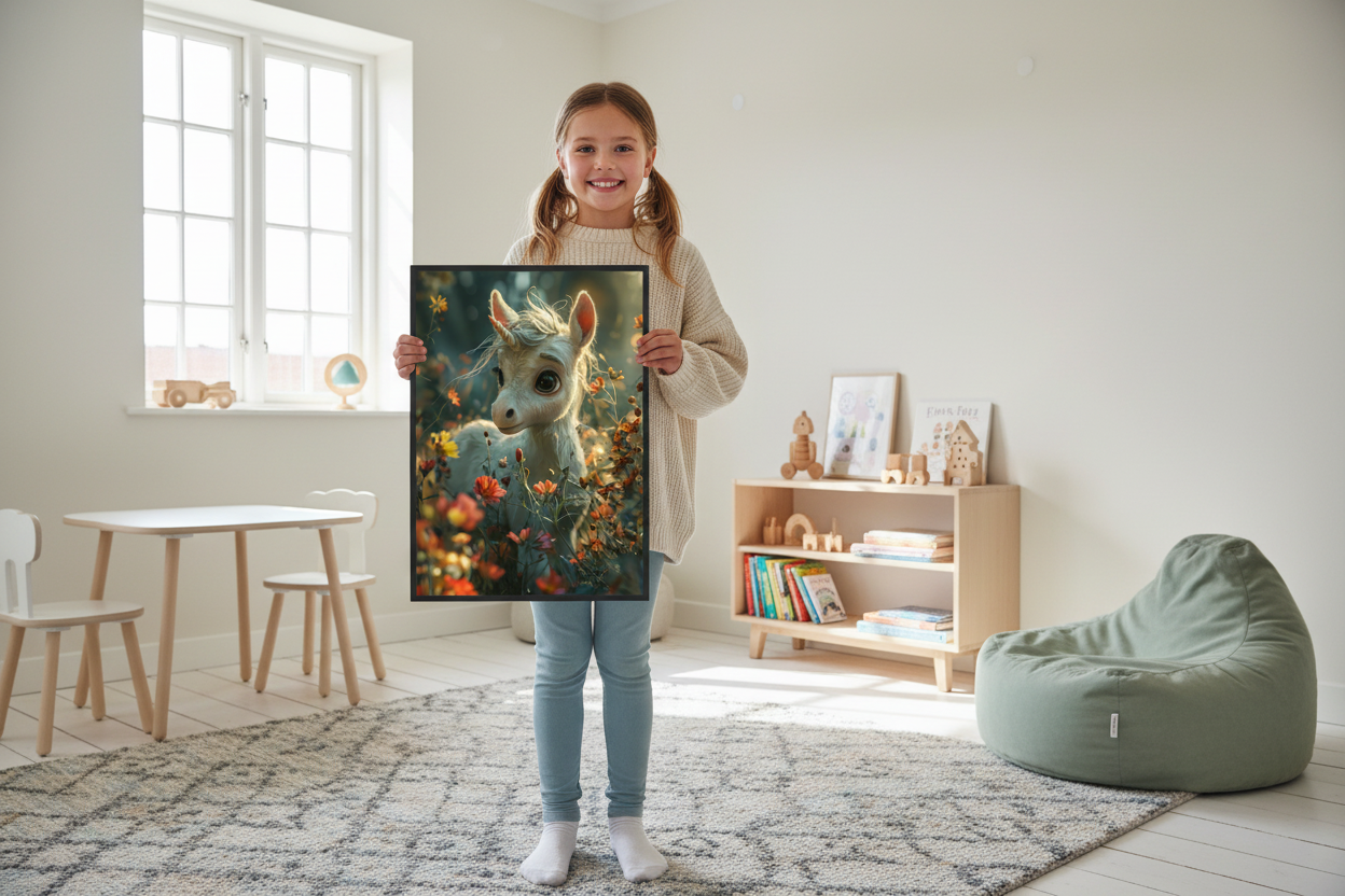 Pige holder enhjørning plakat