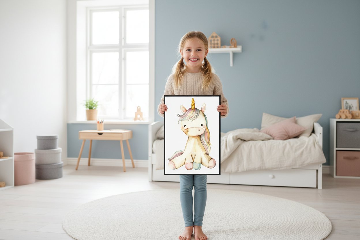 Pige holder enhjørning plakat
