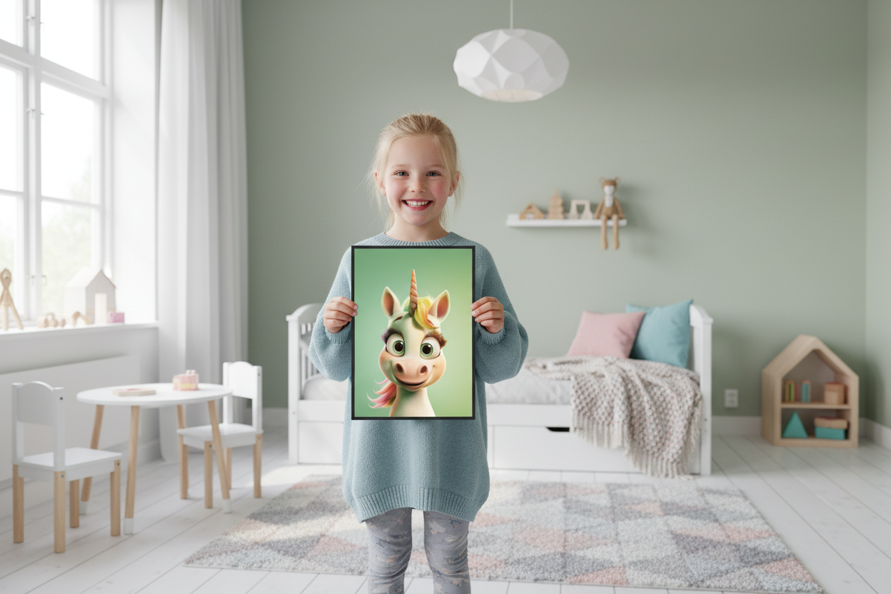 Pige holder enhjørning plakat