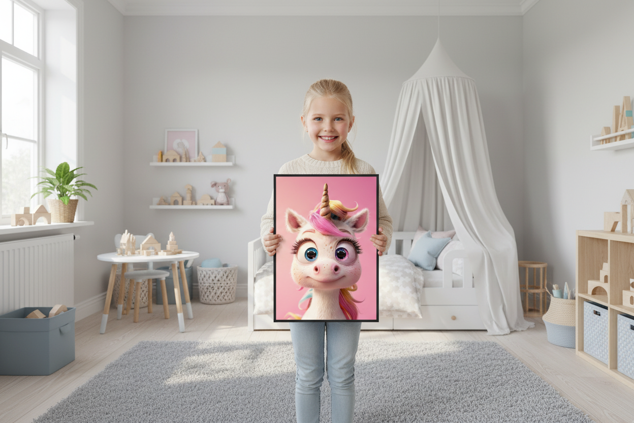 Pige holder enhjørning plakat