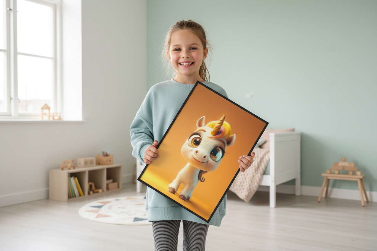 Pige holder enhjørning plakat