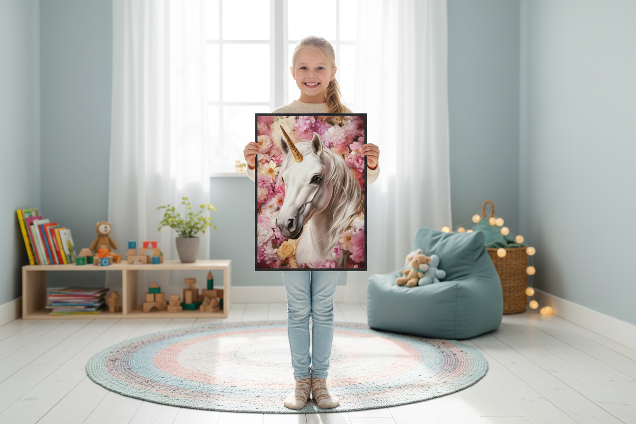 Pige holder enhjørning plakat